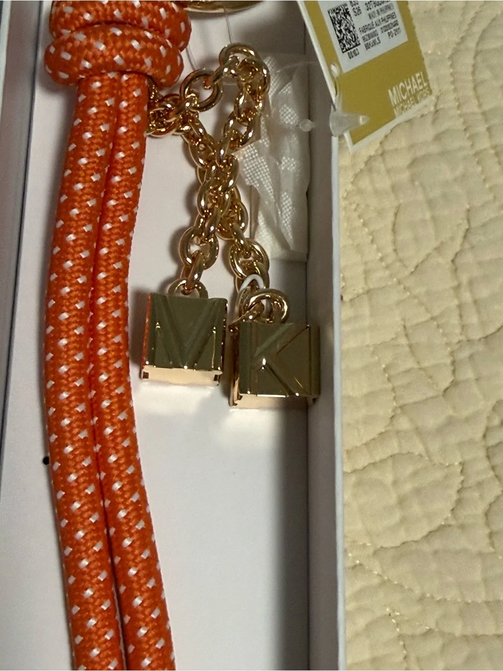 Michael Kors “Mimosa” orange Rope Bag Charm/Keychain with Gold Ring and MK charm